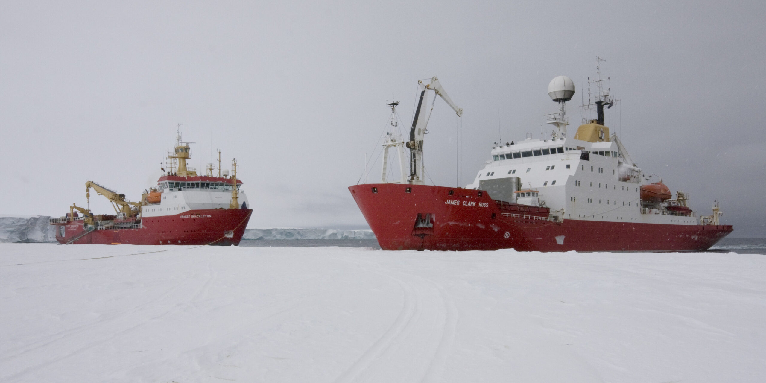 A rare coming together, with RRS James Clark Ross and RRS Ernest Shackleton tied alongside sea ice in the Weddell Sea