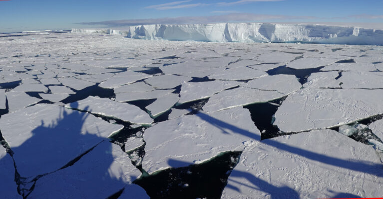pack ice in front of an ice shelf at Gromit's Creek, Antarctica