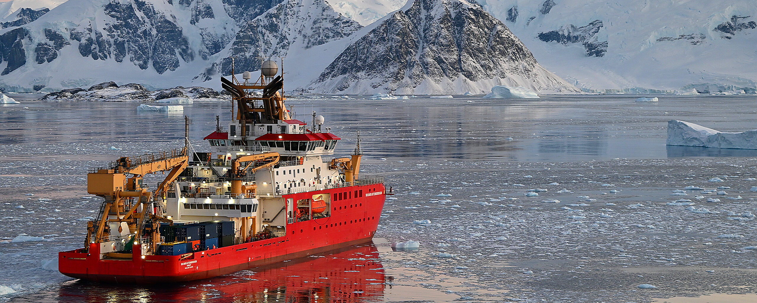 The research Ship RRS Sir David Attenborough in Ryder Bay, Antarctica