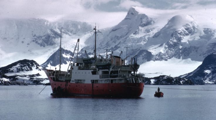 RRS Shackleton at Signy Island, 1968. (Photographer: Douglas Brown; Archives ref: AD6/19/3/B66)