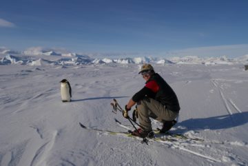 A man next to a penguin in a snowy landscape