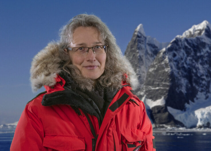 A person that is standing in front of snow covered mountains. They are wearing a bright red parka with a hood.