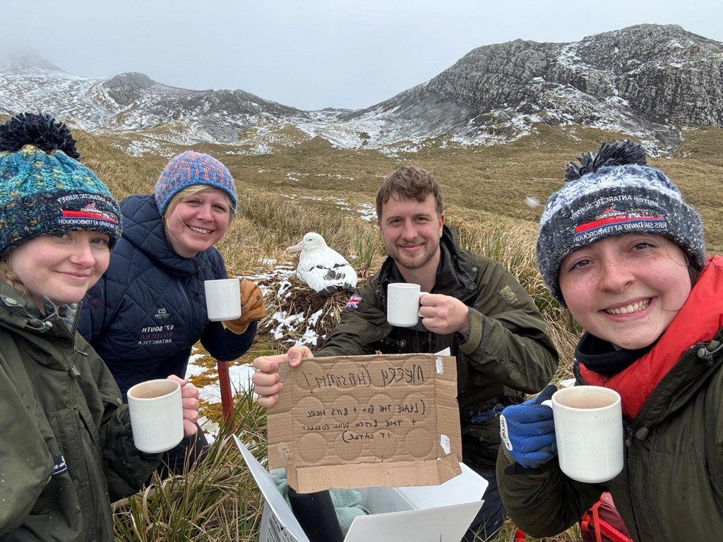 group of people holding mugs of tea and a Merry Christmas sign with an albatross in the background