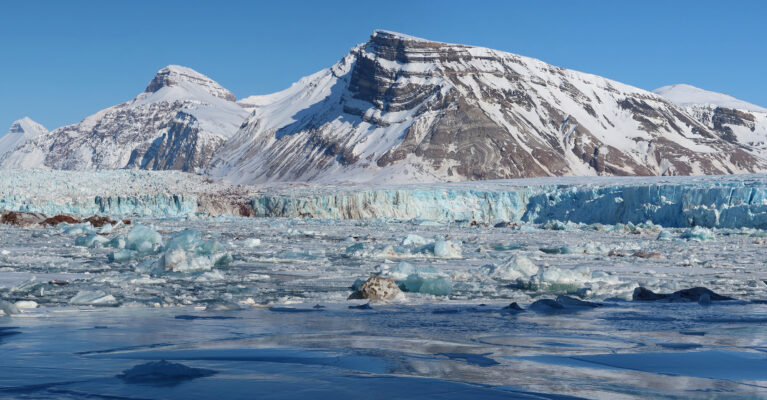 A snow covered mountain with a glacial fjord