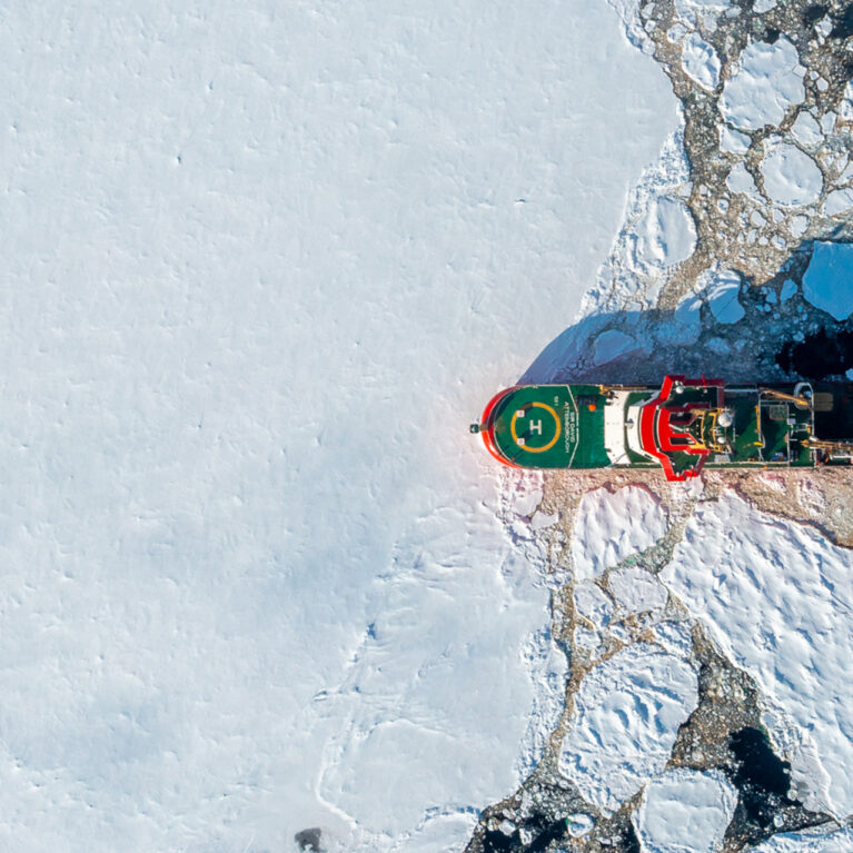 RRS Sir David Attenborough sailing through pack ice