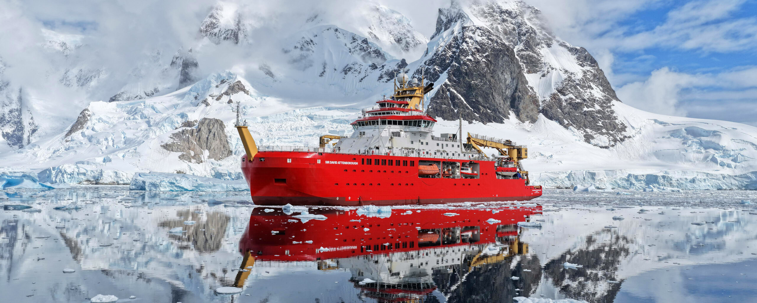 RRS Sir David Attenborough on a perfect day in Antarctica